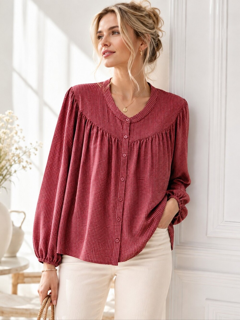 A New Day | Burgundy Polka Dot Button Front Peasant Blouse | Size XXL